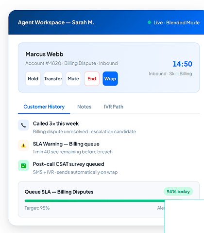 Contact center agent workspace showing blended inbound and outbound call management